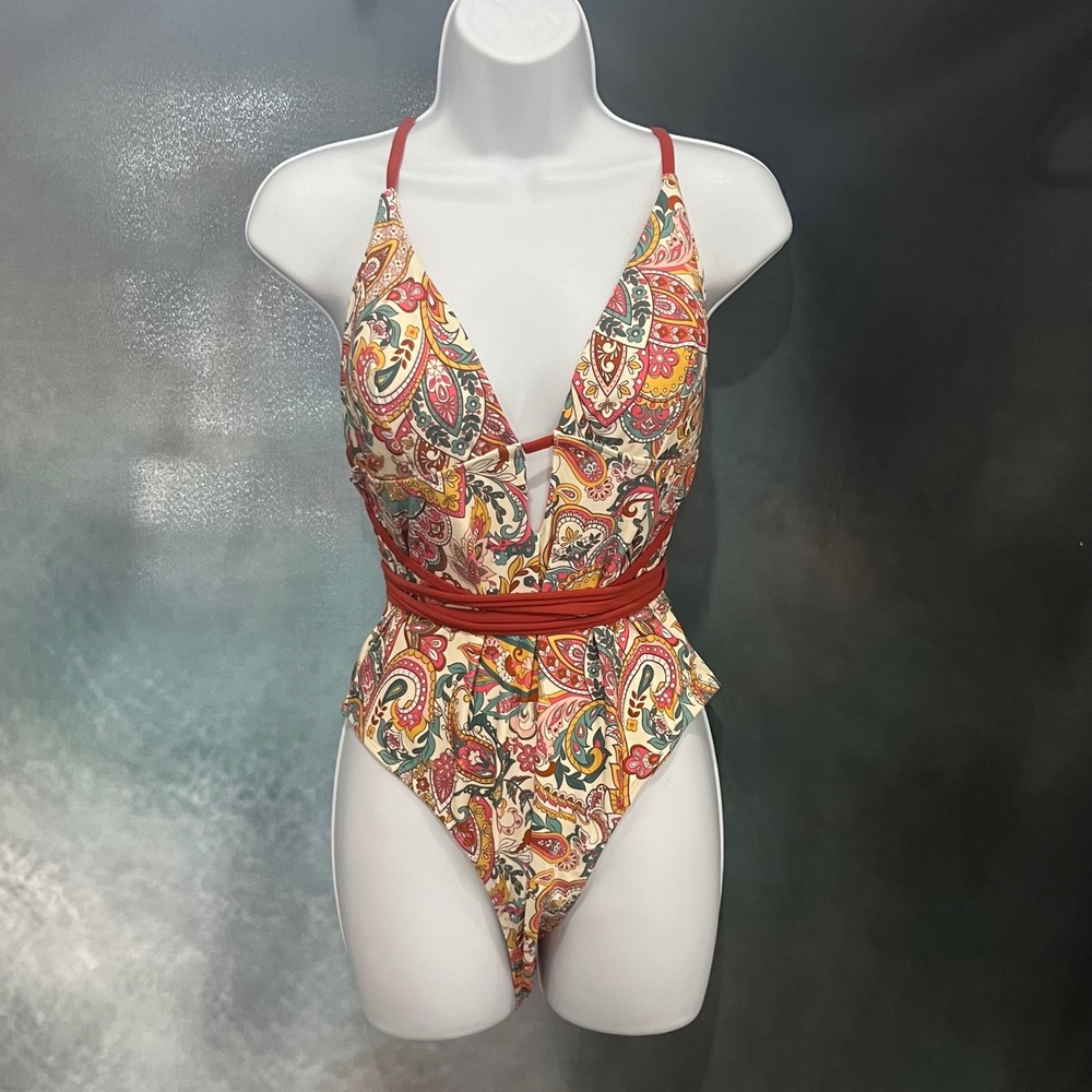 Cupshe Womens‎ Paisley Wrap Tie One Piece Swimsuit Multicolor Size Large